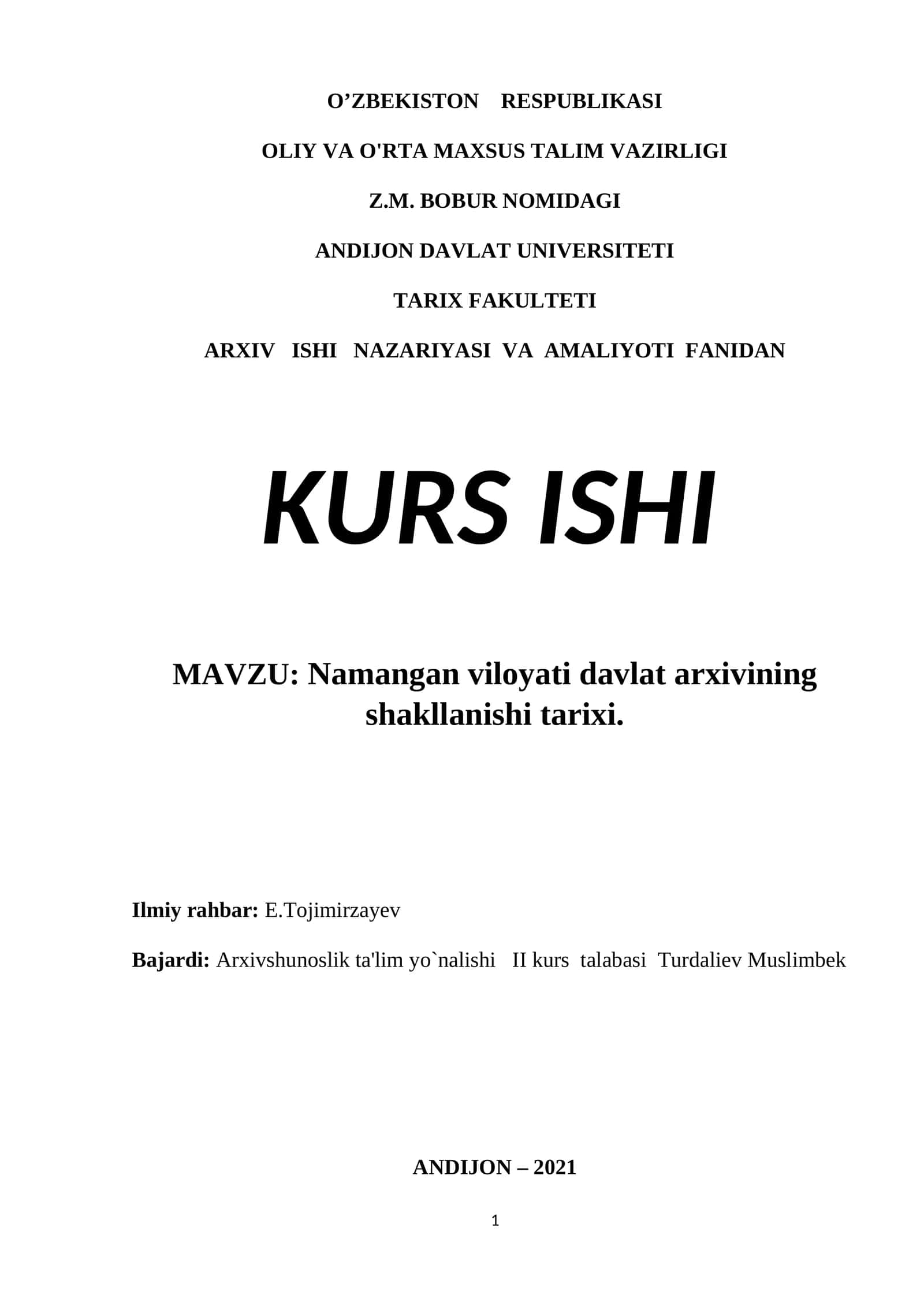 Namangan viloyati davlat arxivining shakllanishi tarixi 1