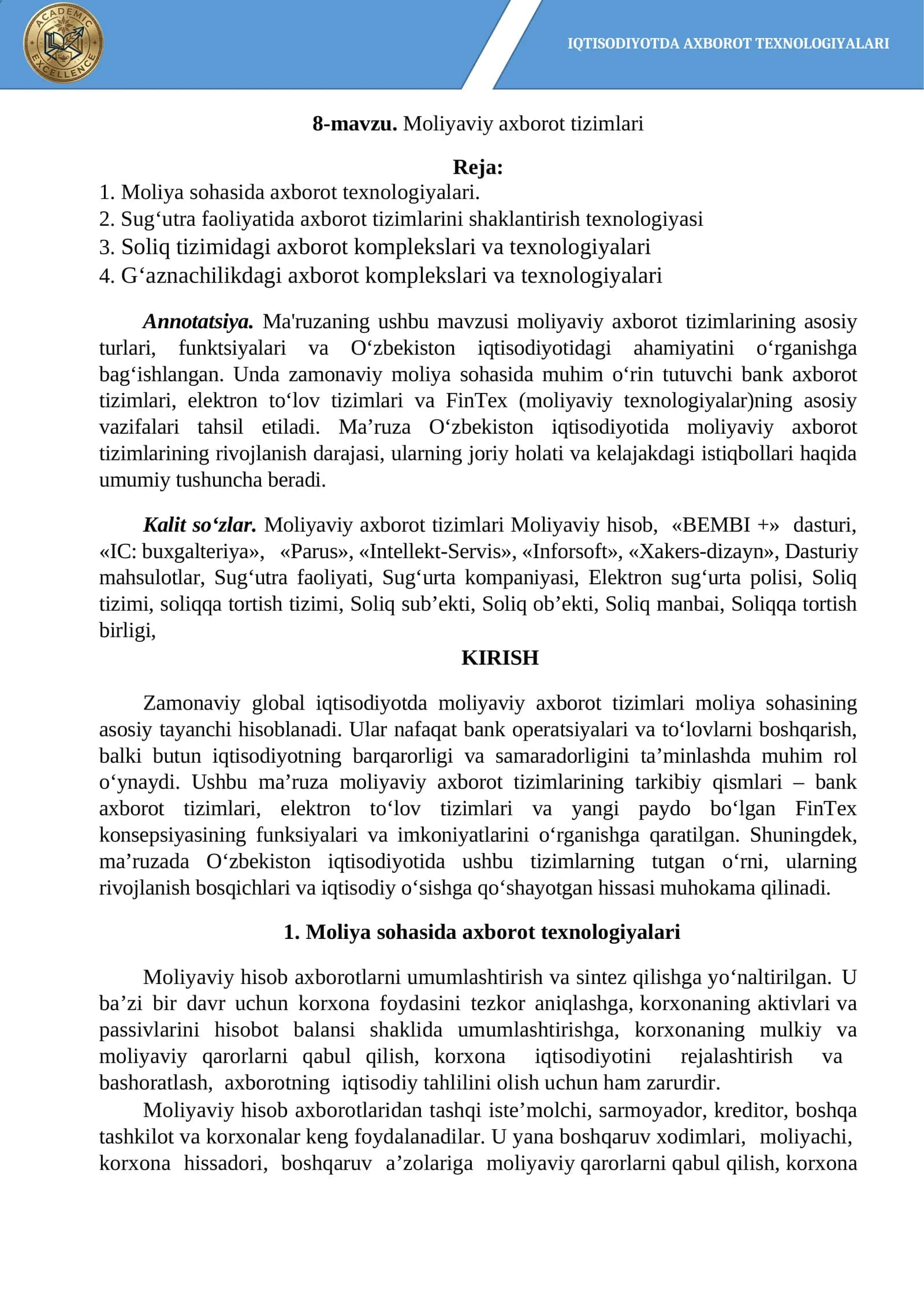 8-mavzu. Moliyaviy axborot tizimlari 1