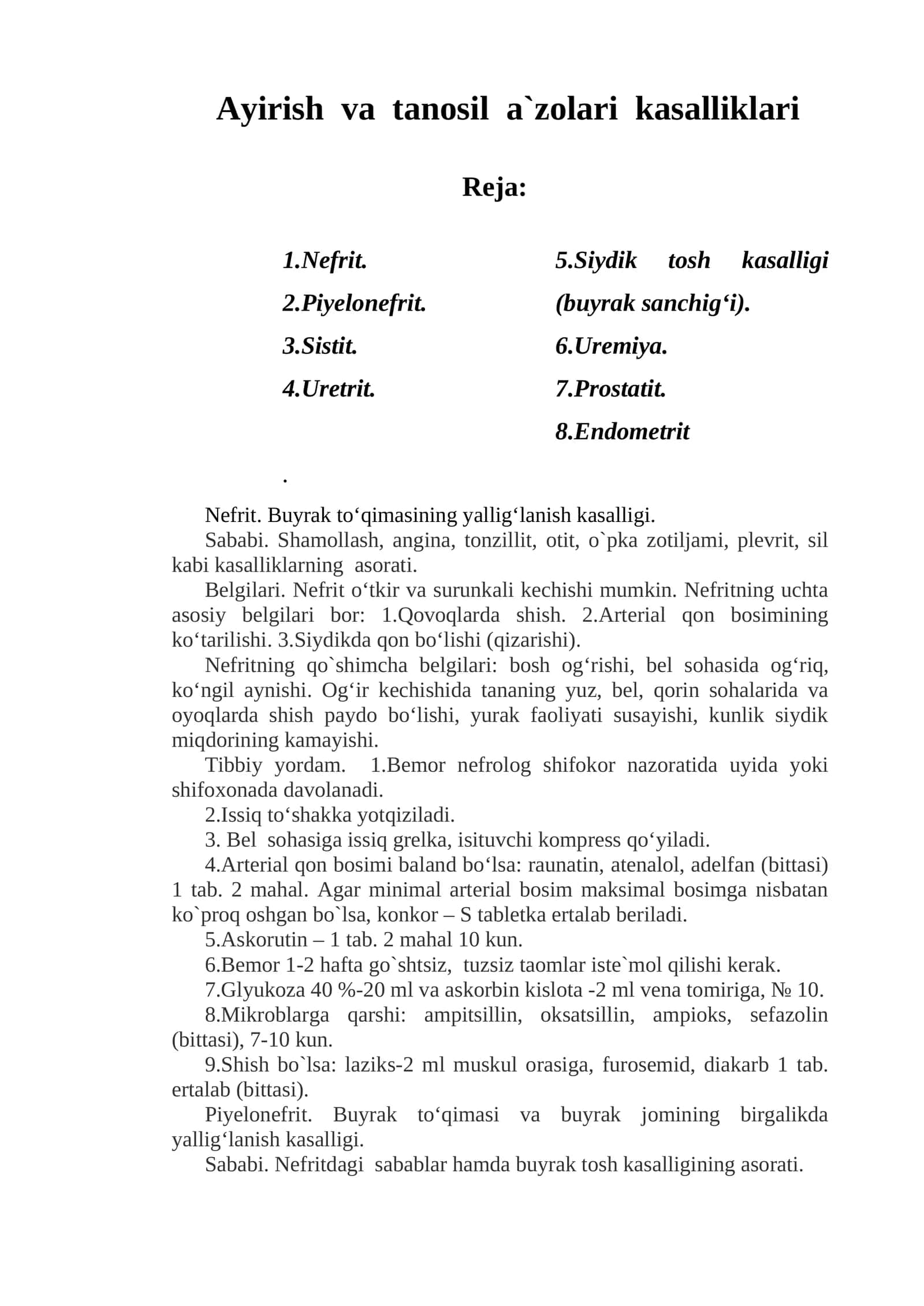 Ayirish va tanosil a`zolari kasalliklari 1
