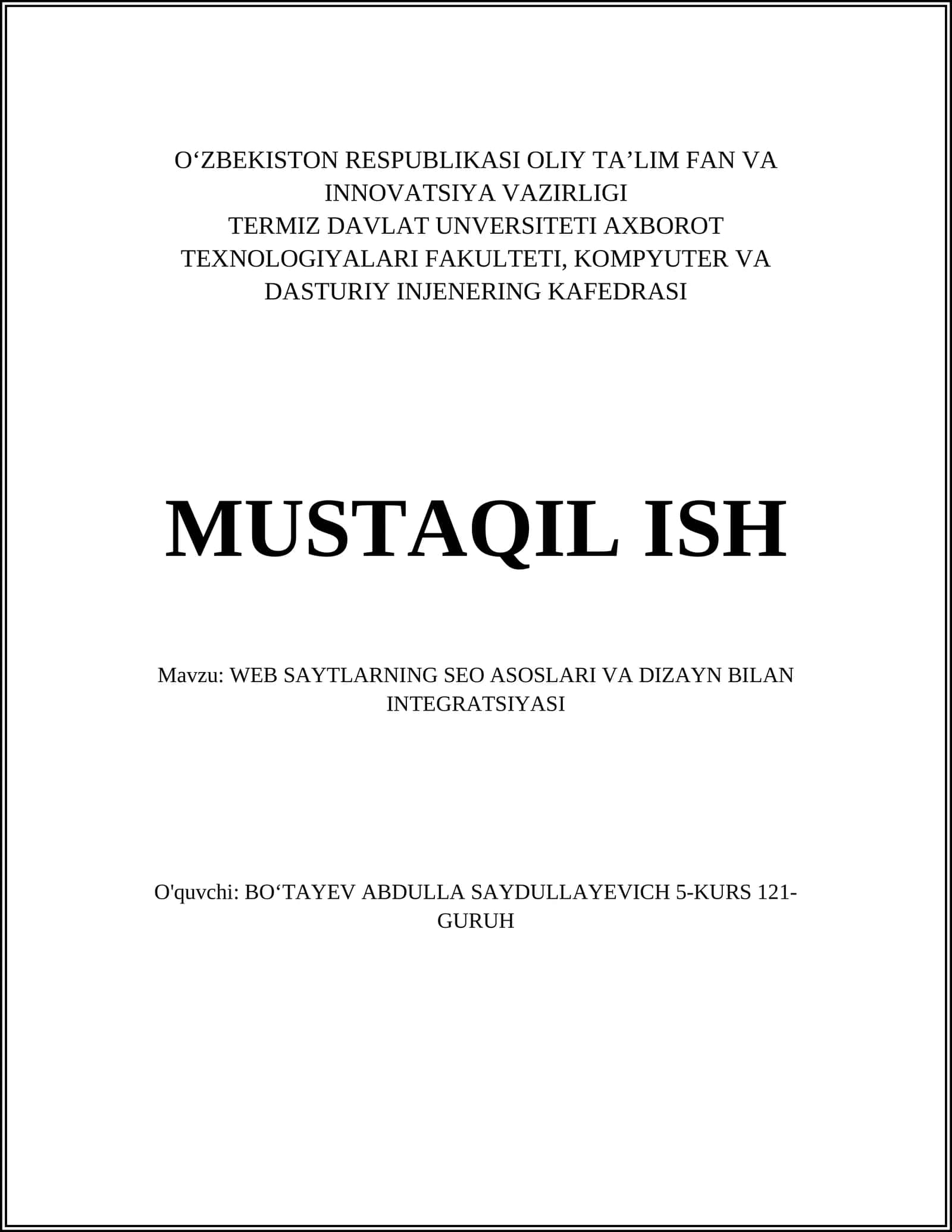 WEB SAYTLARNING SEO ASOSLARI VA DIZAYN BILAN INTEGRATSIYASI 1