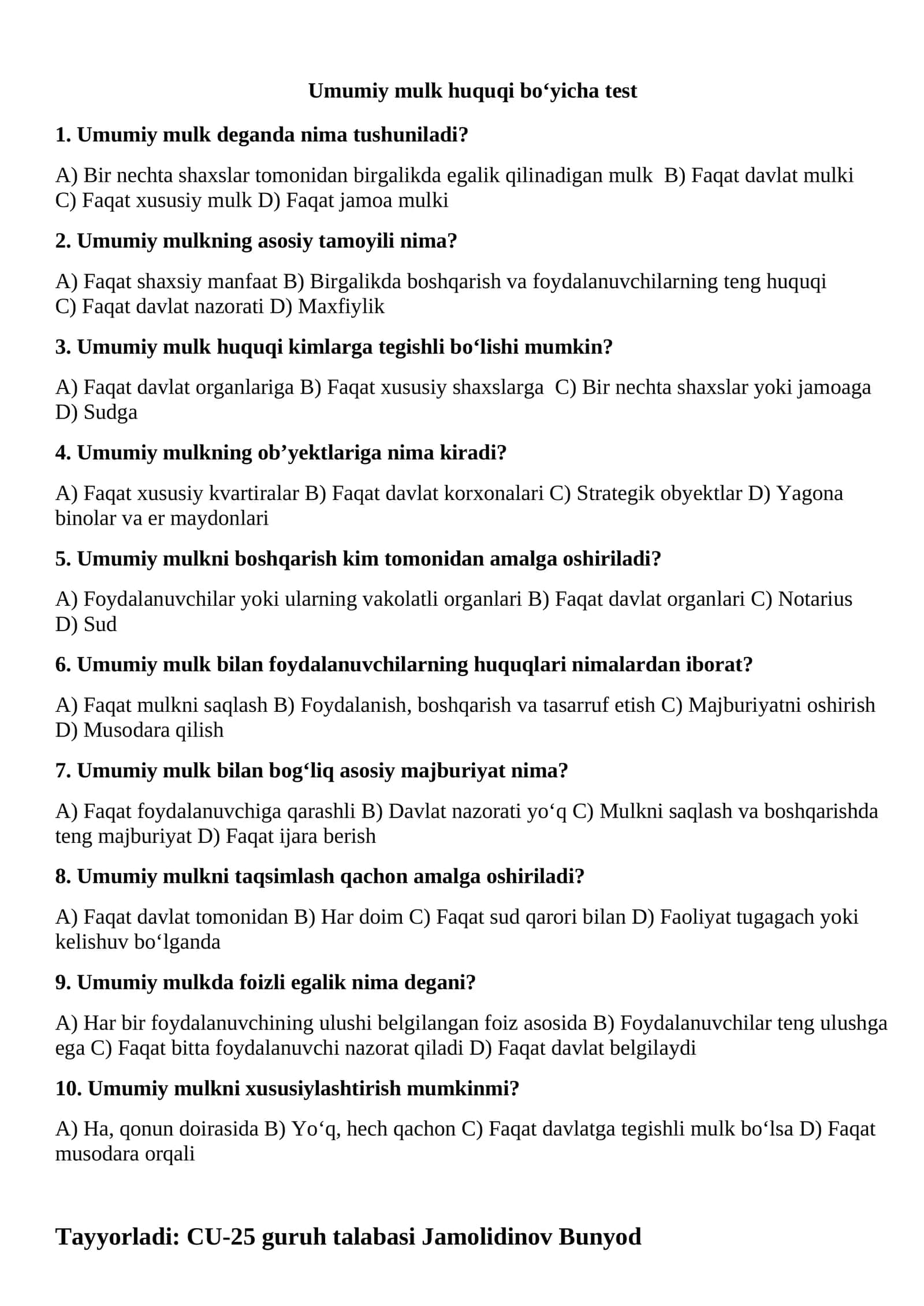 Umumiy mulk huquqi bo‘yicha test 1