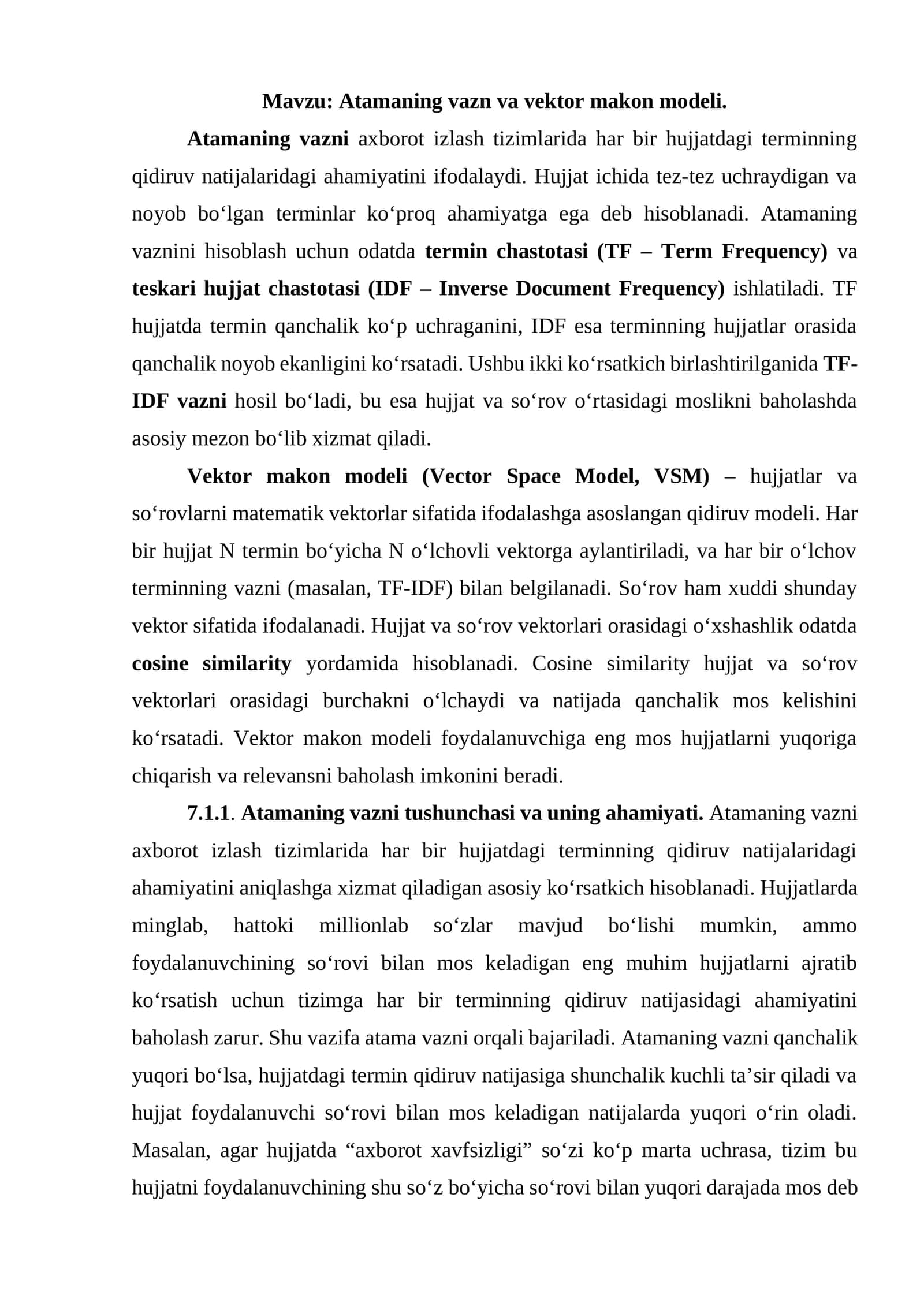 Atamaning vazn va vektor makon modeli 1