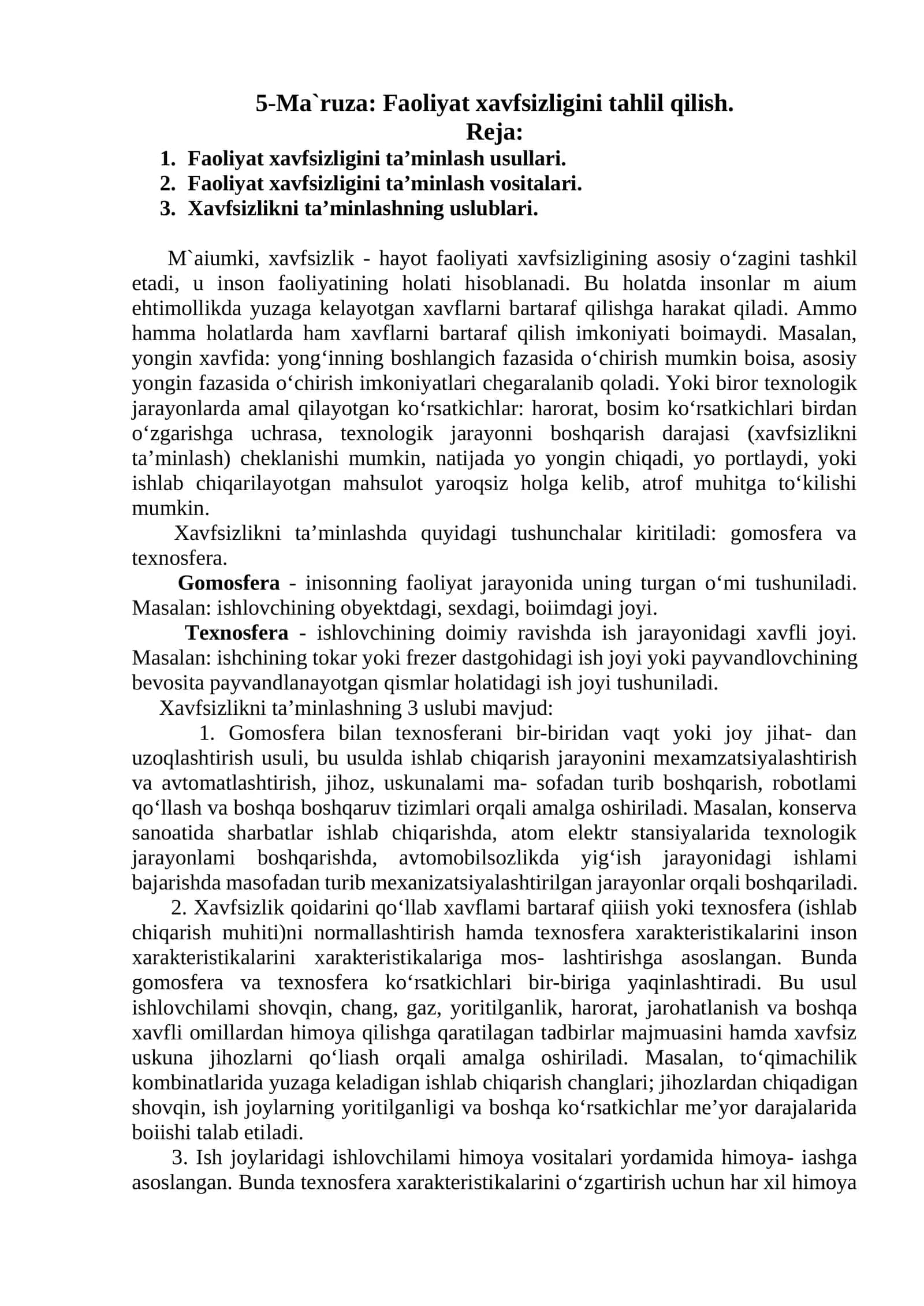5-Ma`ruza: Faoliyat xavfsizligini tahlil qilish 1