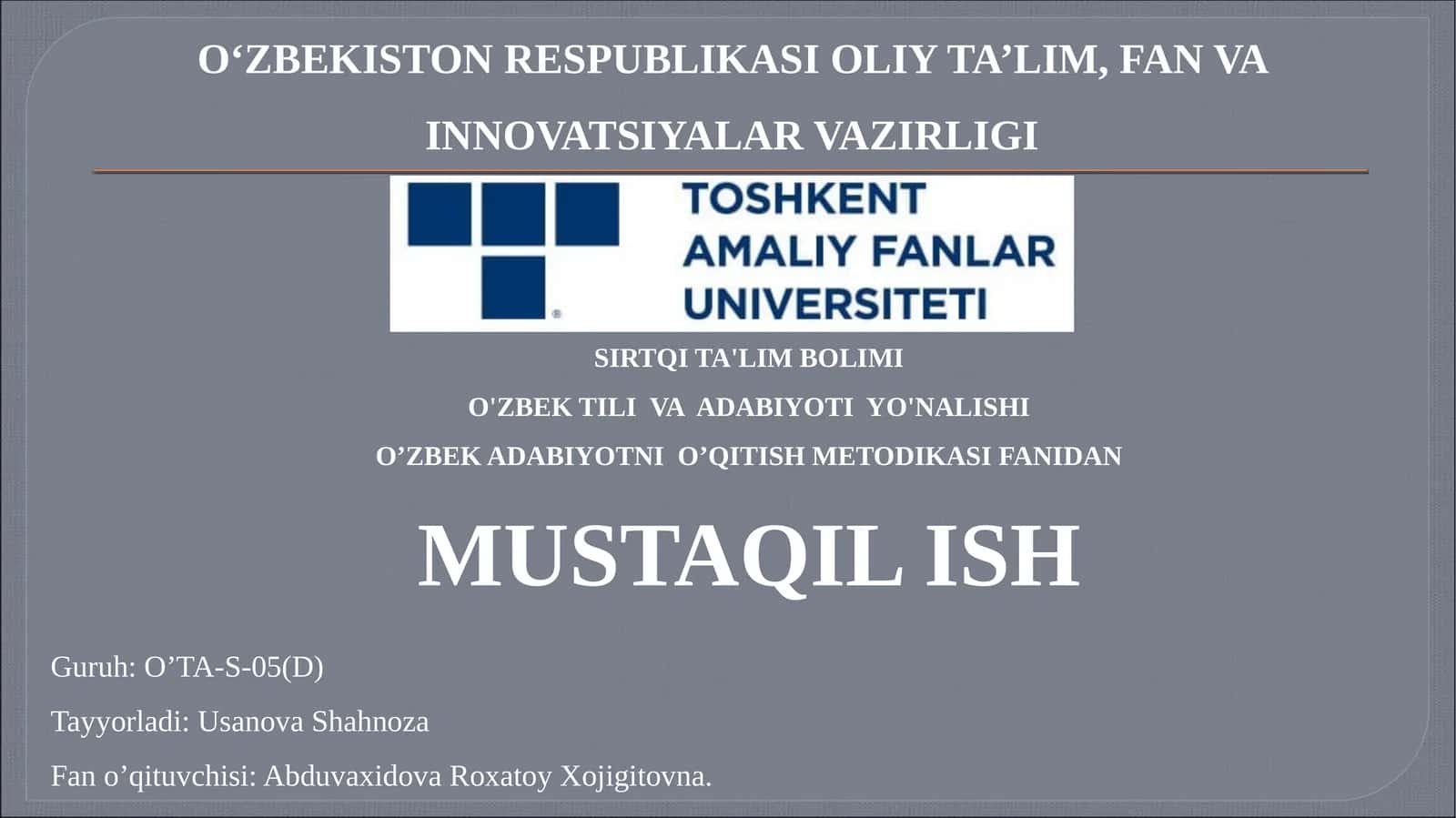 O’zbek Adabiyotni O’qitish Metodikasi 1