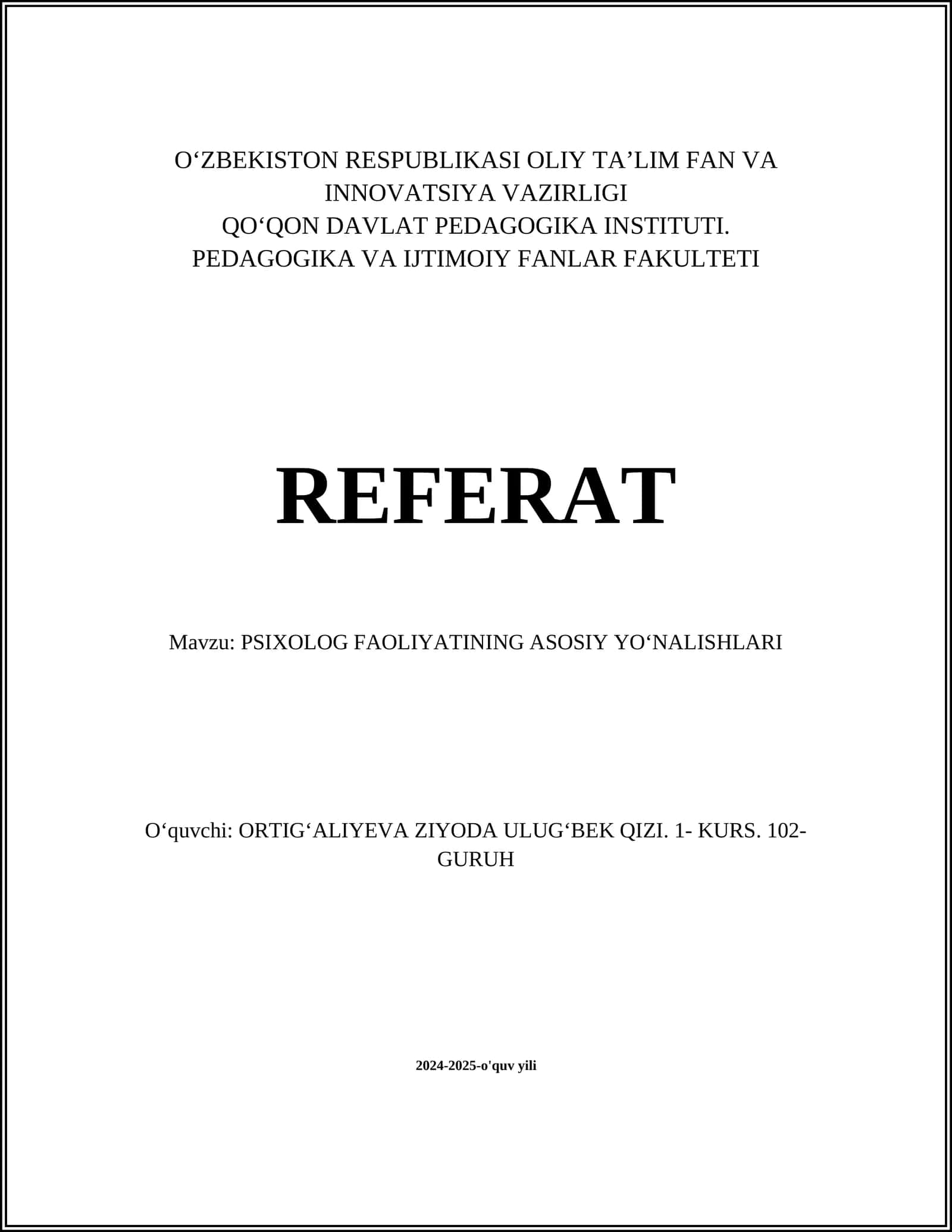 PSIXOLOG FAOLIYATINING ASOSIY YOʻNALISHLARI 1
