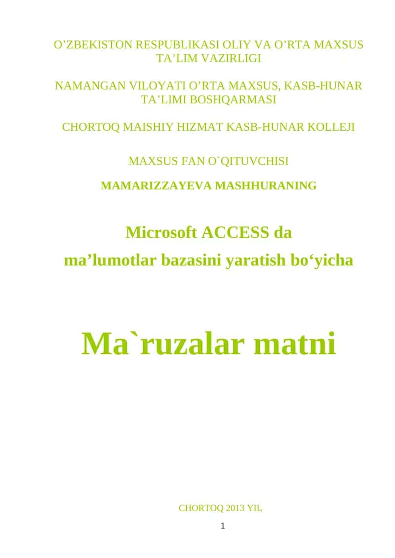 Microsoft ACCESS dа mа’lumotlar bazasini yaratish bo‘yicha 1