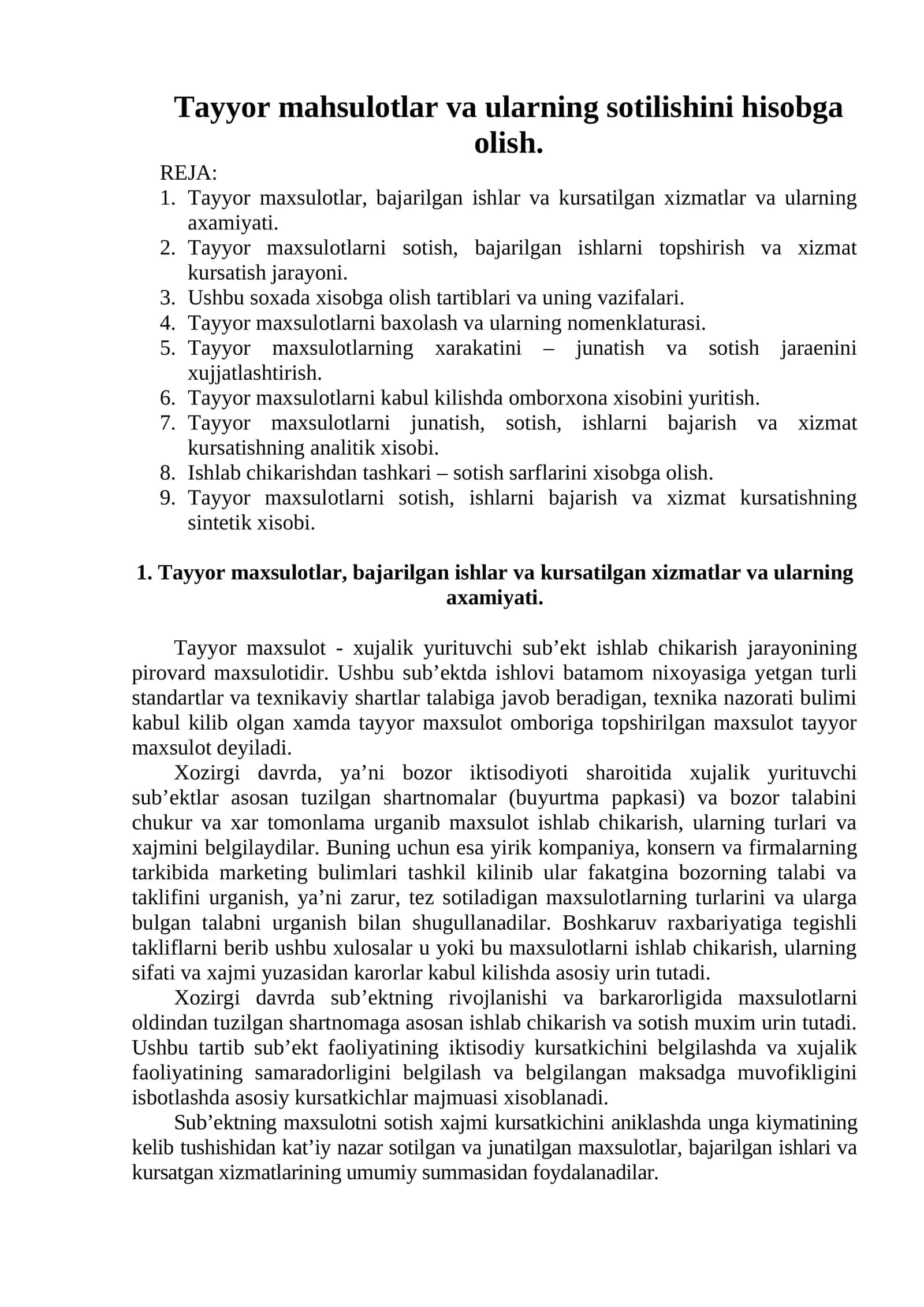 Tayyor mahsulotlar va ularning sotilishini hisobga olish 1