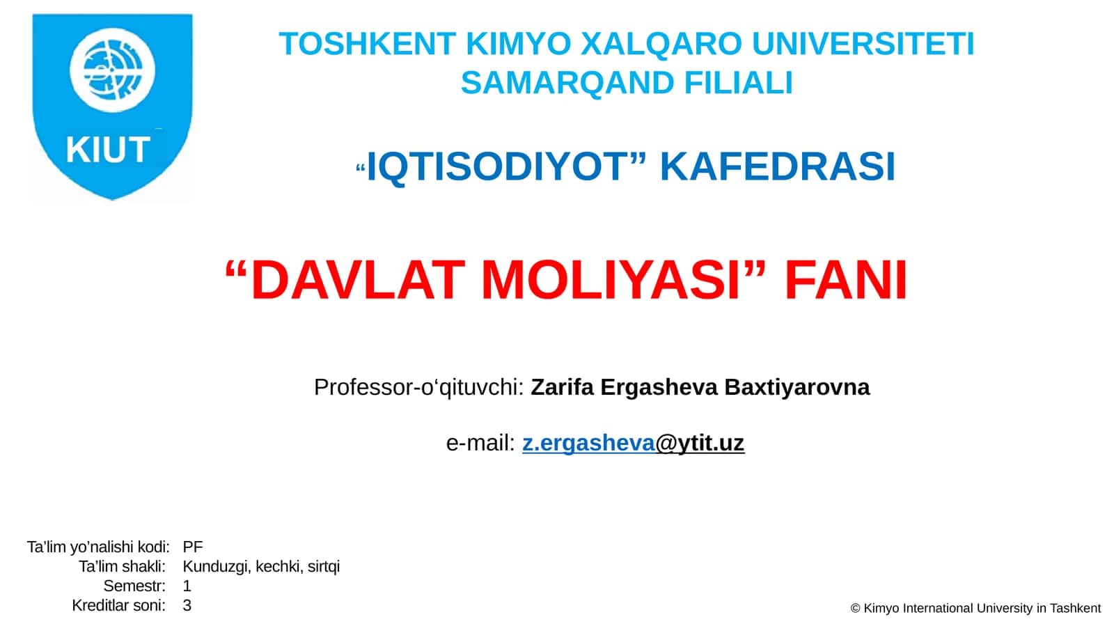 DAVLAT MOLIYASI FANI BO’YICHAO’QUV KURSINING SILLABUSI 1