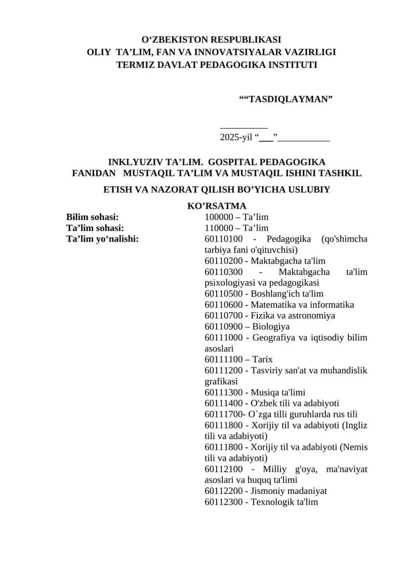 INKLYUZIV TA’LIM. GOSPITAL PEDAGOGIKA FANI 1