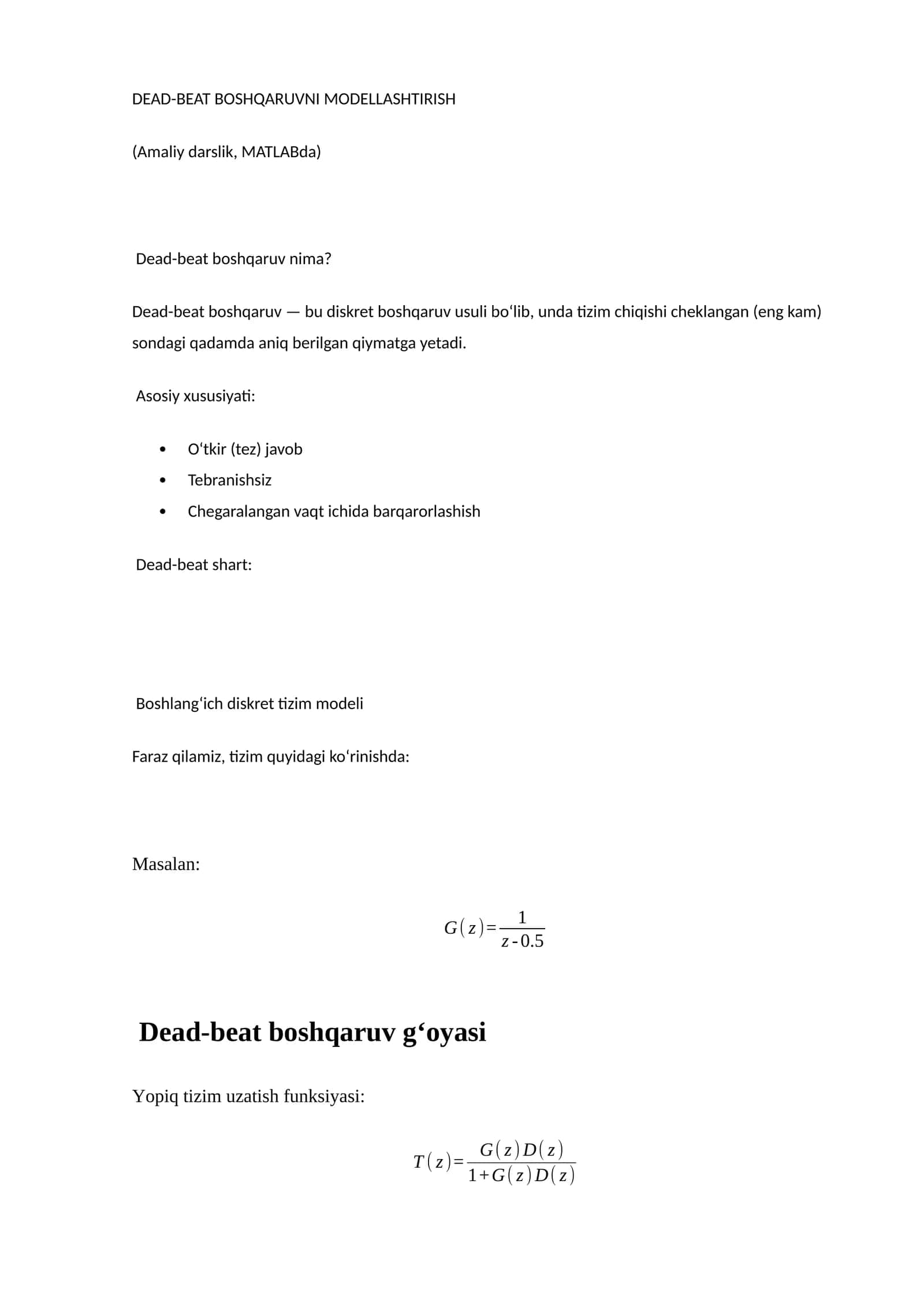 DEAD-BEAT BOSHQARUVNI MODELLASHTIRISH (Amaliy darslik, MATLABda) 1