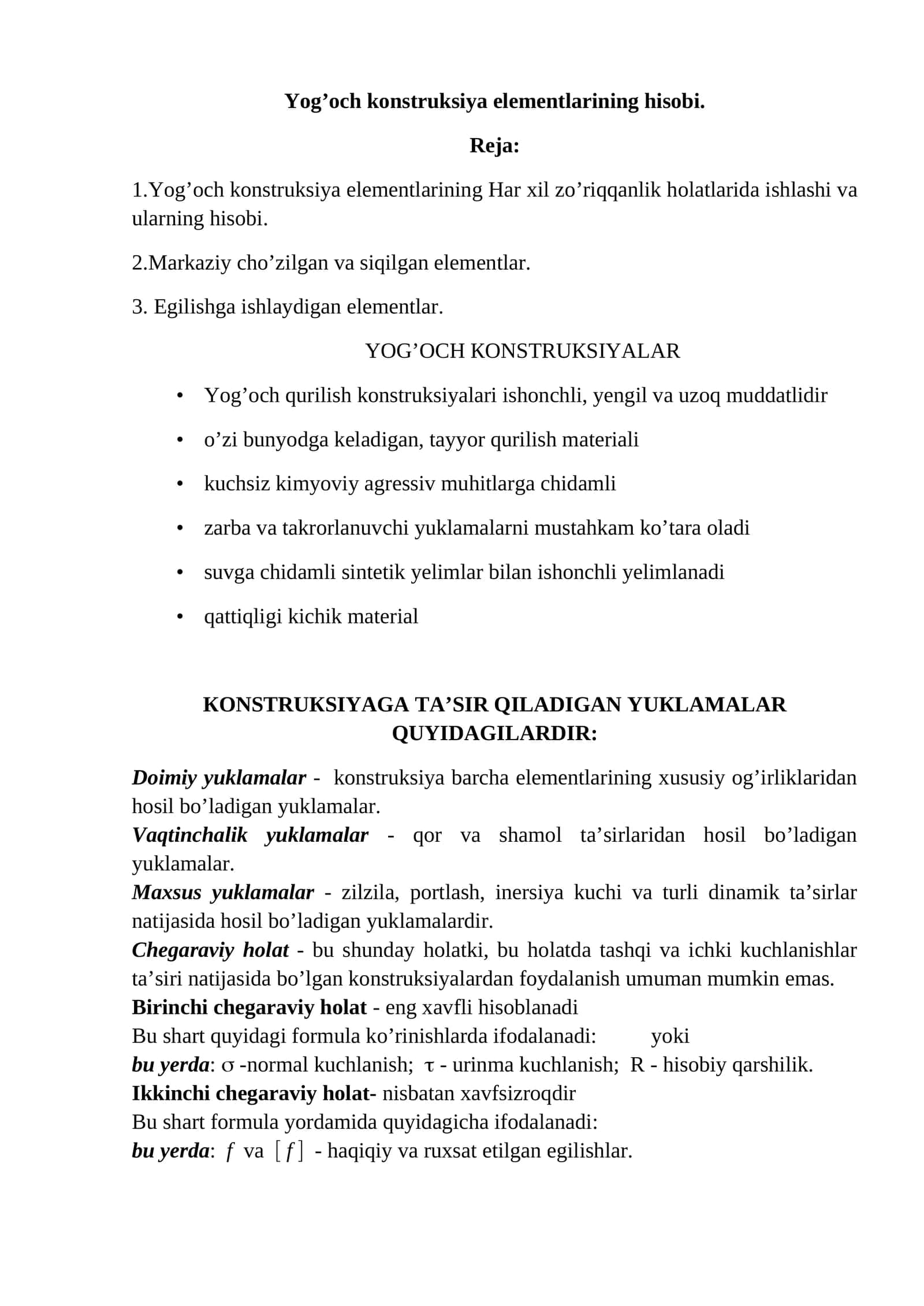Yog’och konstruksiya elementlarining hisobi 1