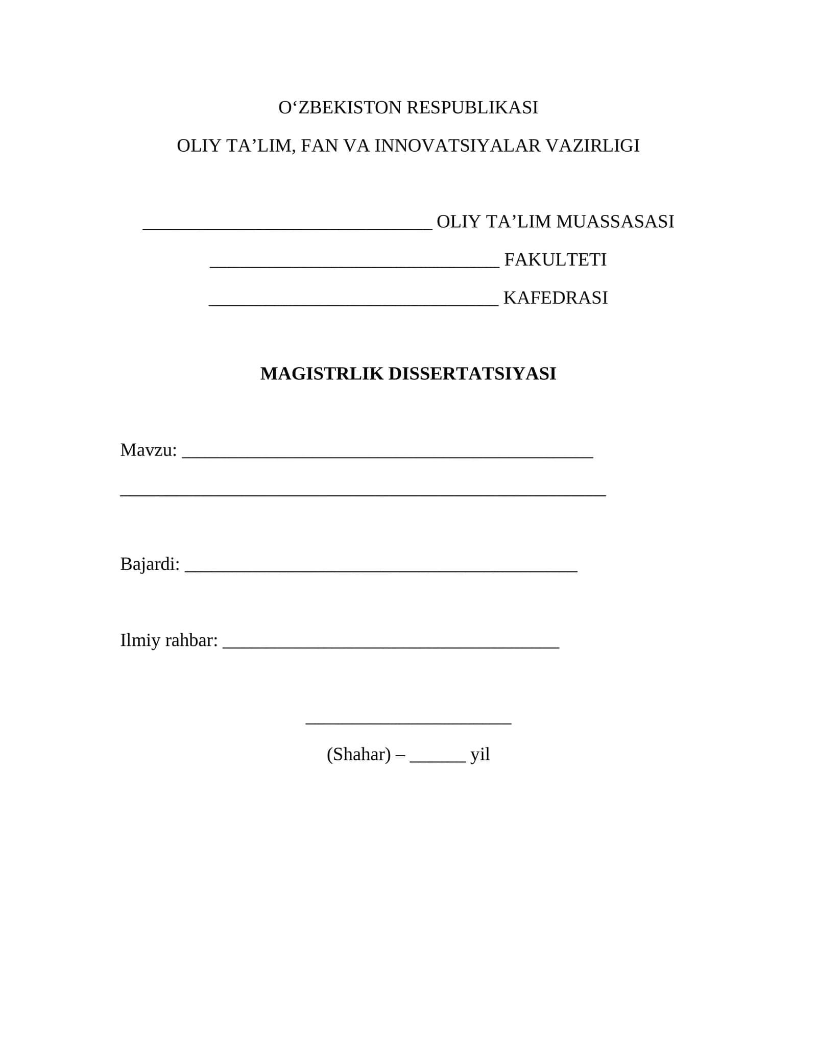 Magistrlik dissertatsiyasi titul varaqa (GOST) – Word (.docx) muqova 1