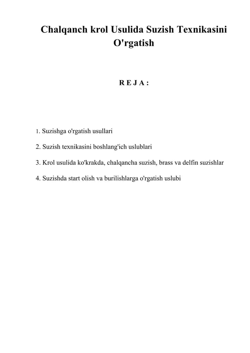Chalqanch krol Usulida Suzish Texnikasini O'rgatish 1