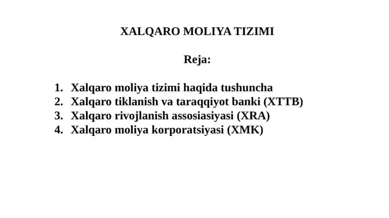 XALQARO MOLIYA TIZIMI 1