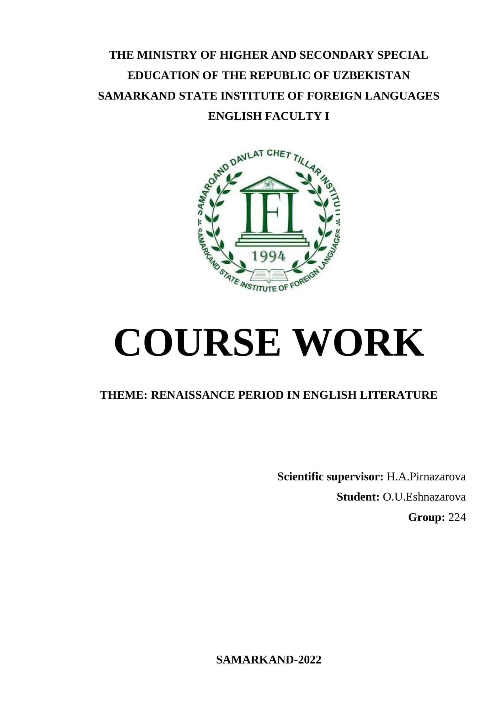 COURSE WORK: RENAISSANCE PERIOD IN ENGLISH LITERATURE 1