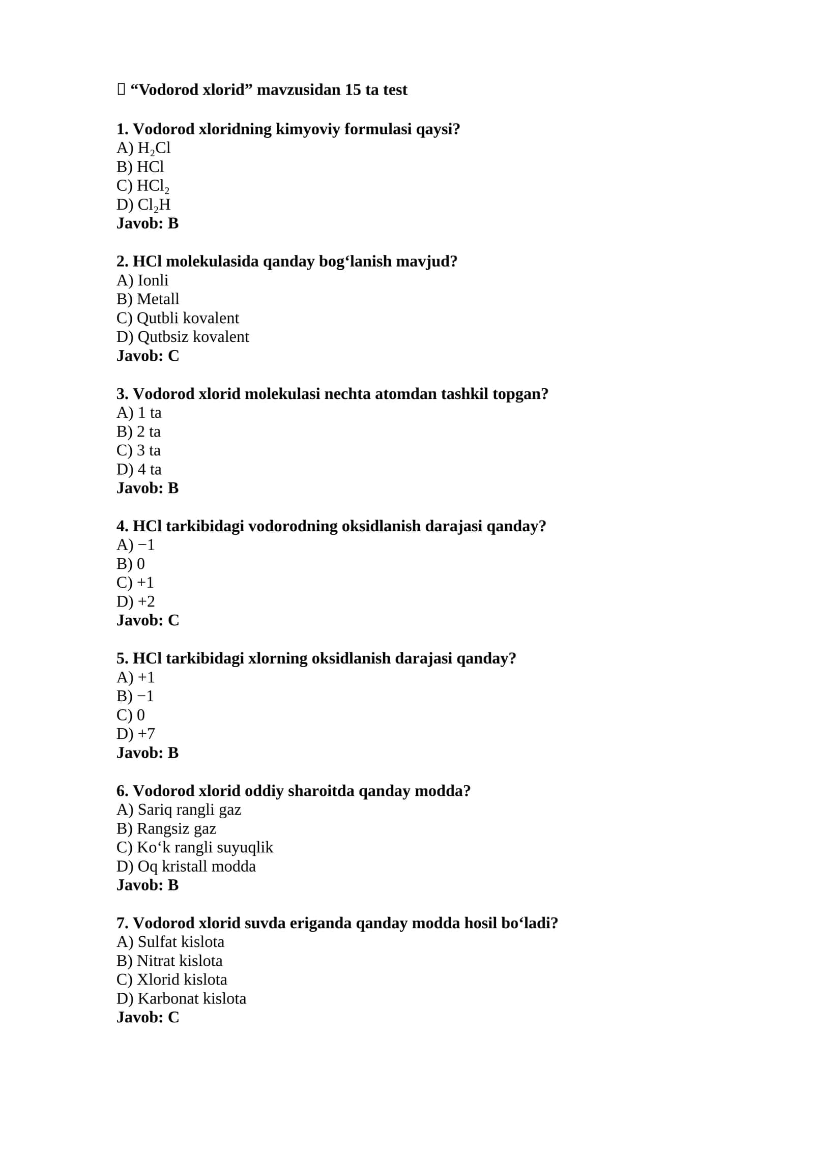 "Vodorod xlorid" mavzusidan 15 ta test 1