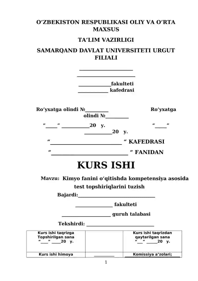 Kimyo fanini oʻqitishda kompetensiya asosida test topshiriqlarini tuzish