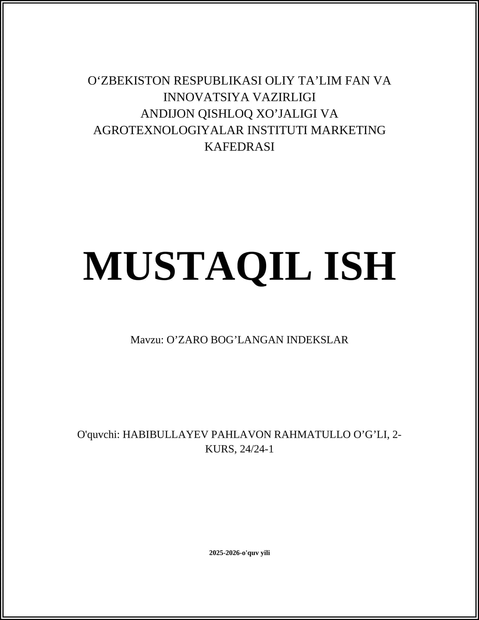 O’ZARO BOG’LANGAN INDEKSLAR 1