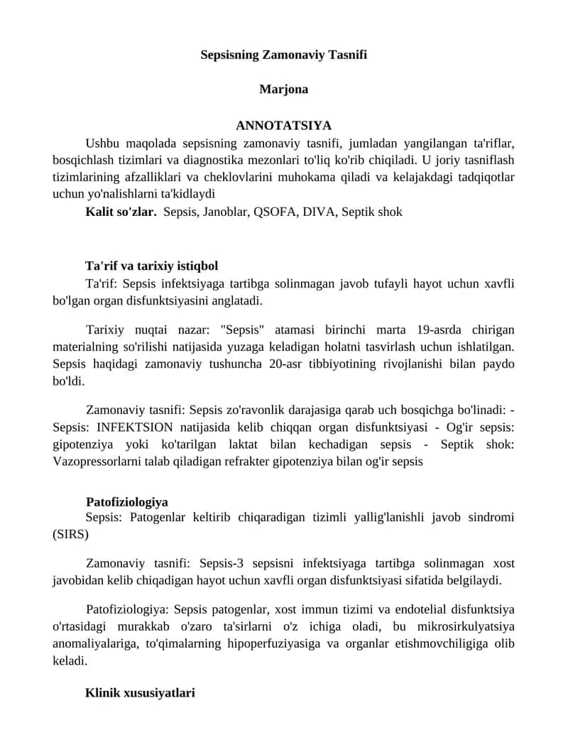 Sepsisning Zamonaviy Tasnifi 1