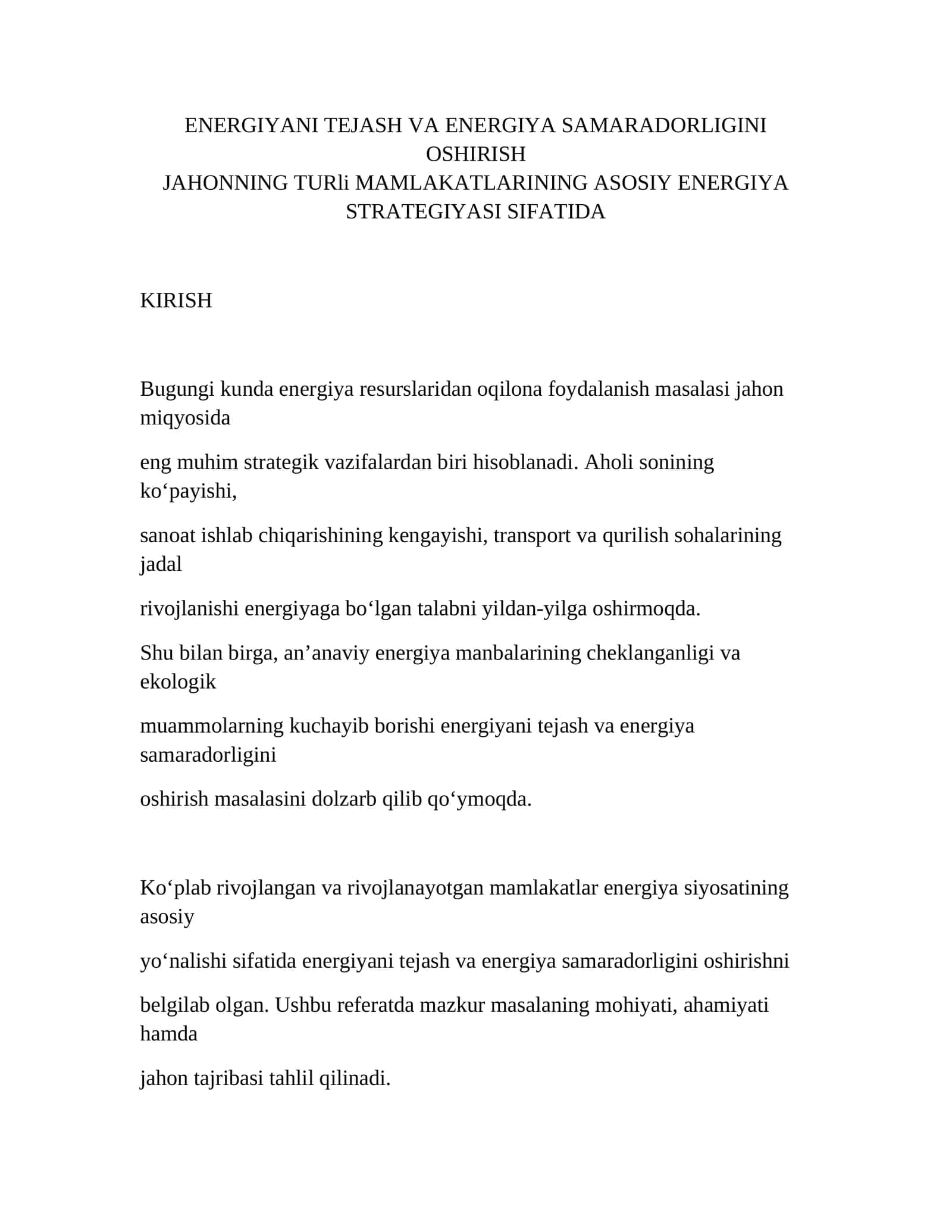 ENERGIYANI TEJASH VA ENERGIYA SAMARADORLIGINI OSHIRISH 1