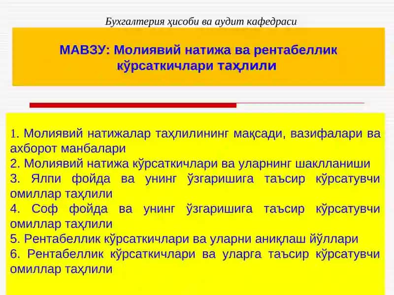 Mолиявий натижа ва рентабеллик кўрсаткичларитаҳлили