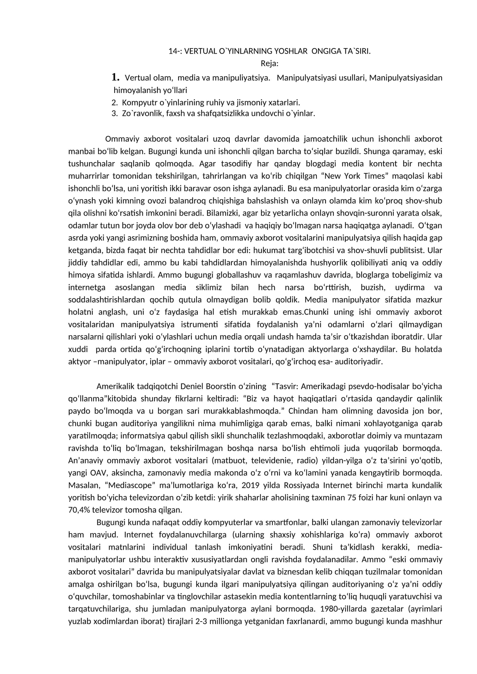 VERTUAL O`YINLARNING YOSHLAR ONGIGA TA`SIRI 1