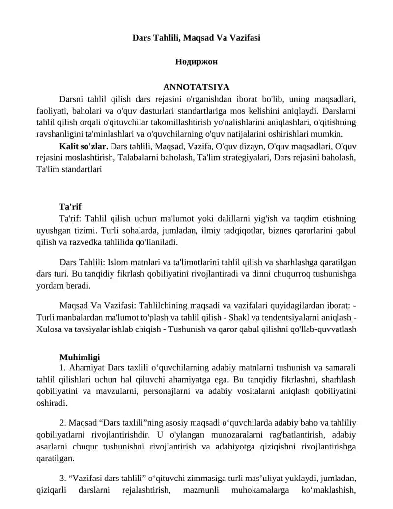 Dars Tahlili, Maqsad Va Vazifasi 1