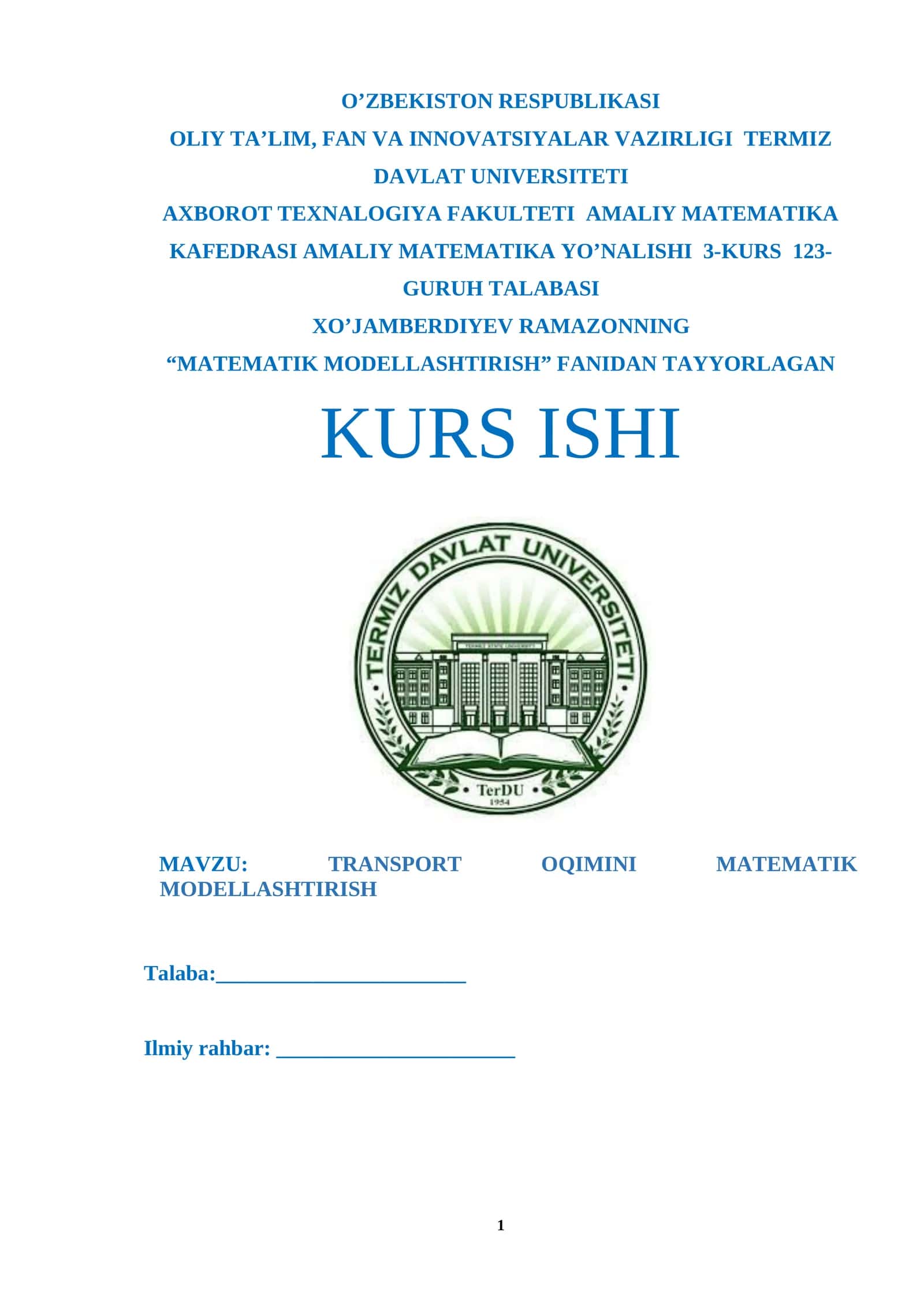 TRANSPORT OQIMINI MATEMATIK MODELLASHTIRISH 1