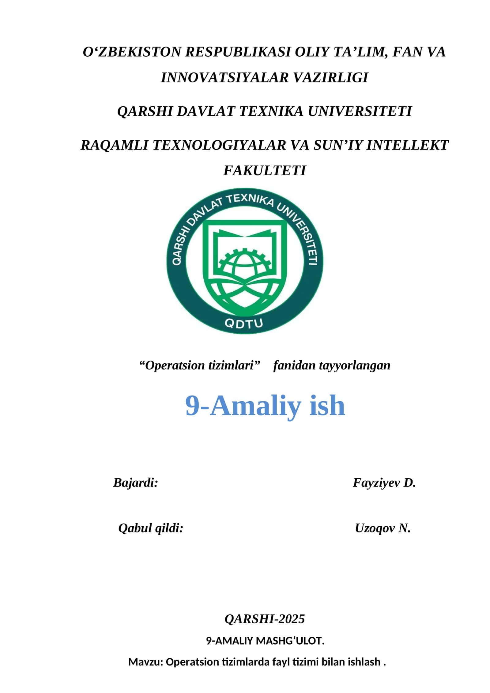 9-Amaliy ish: Operatsion tizimlarda fayl tizimi bilan ishlash 1