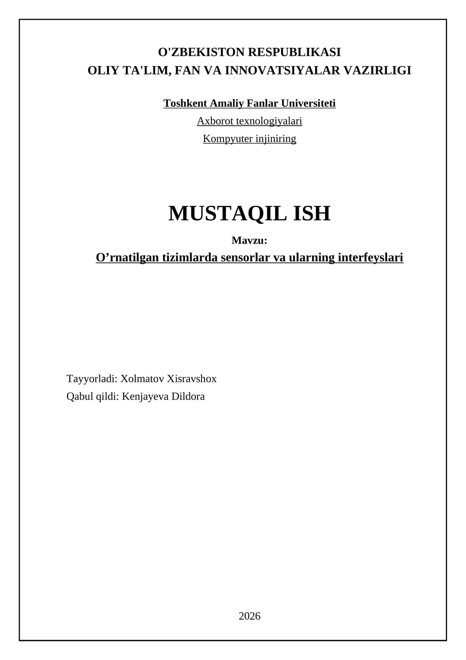 O’rnatilgan tizimlarda sensorlar va ularning interfeyslari 1
