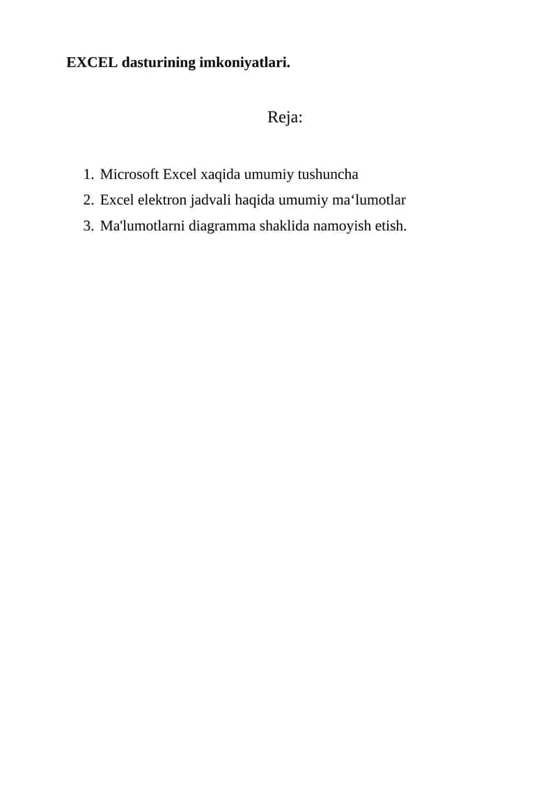 Microsoft Excel elektron jadval dasturi haqida umumiy ma‘lumotlar 1