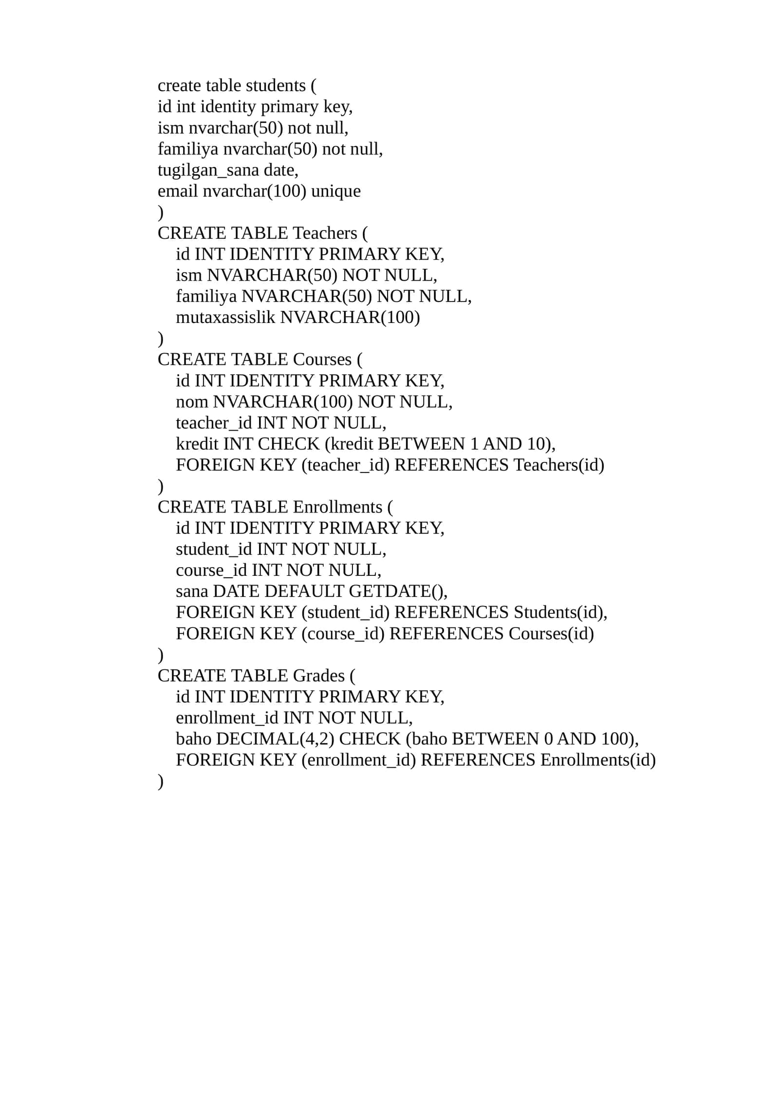 CREATE TABLE Students 1