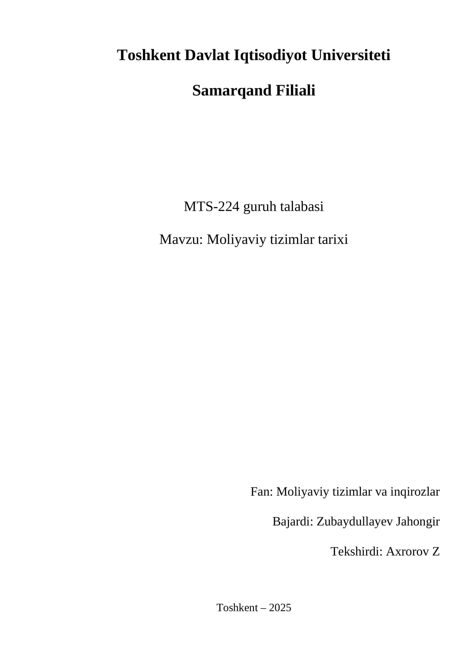 Moliyaviy tizimlar tarixi 1