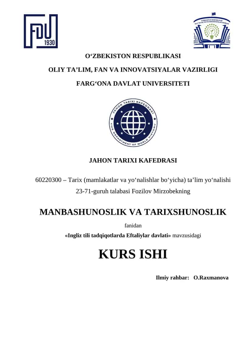 Ingliz tili tadqiqotlarda Eftaliylar davlati tarixshunosligi 1