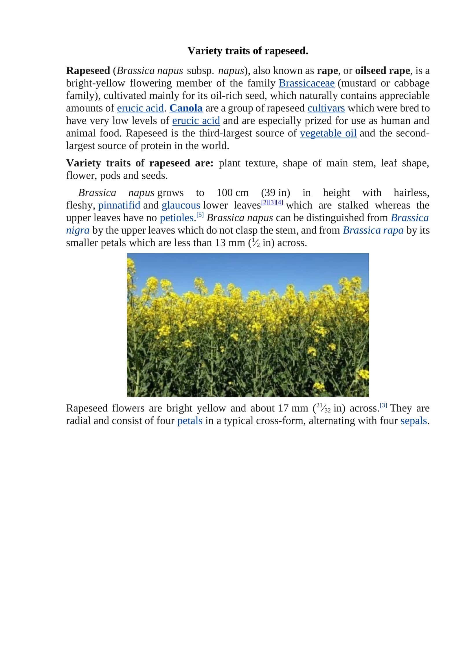 Variety traits of rapeseed 1