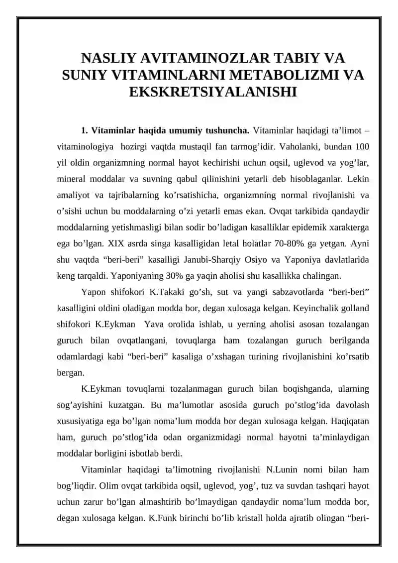 NASLIY AVITAMINOZLAR TABIY VA SUNIY VITAMINLARNI METABOLIZMI VA EKSKRETSIYALANISHI
