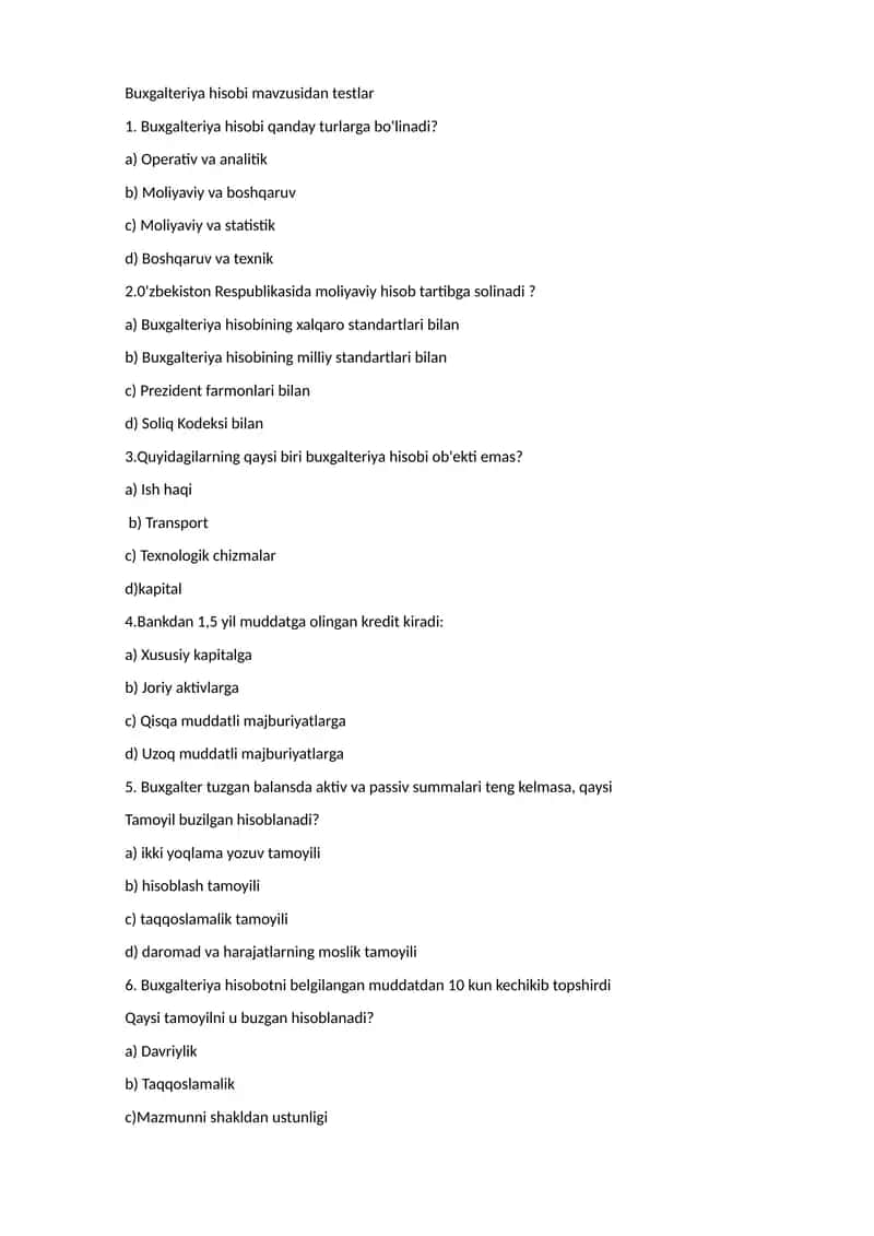 Buxgalteriya hisobi mavzusidan testlar 1