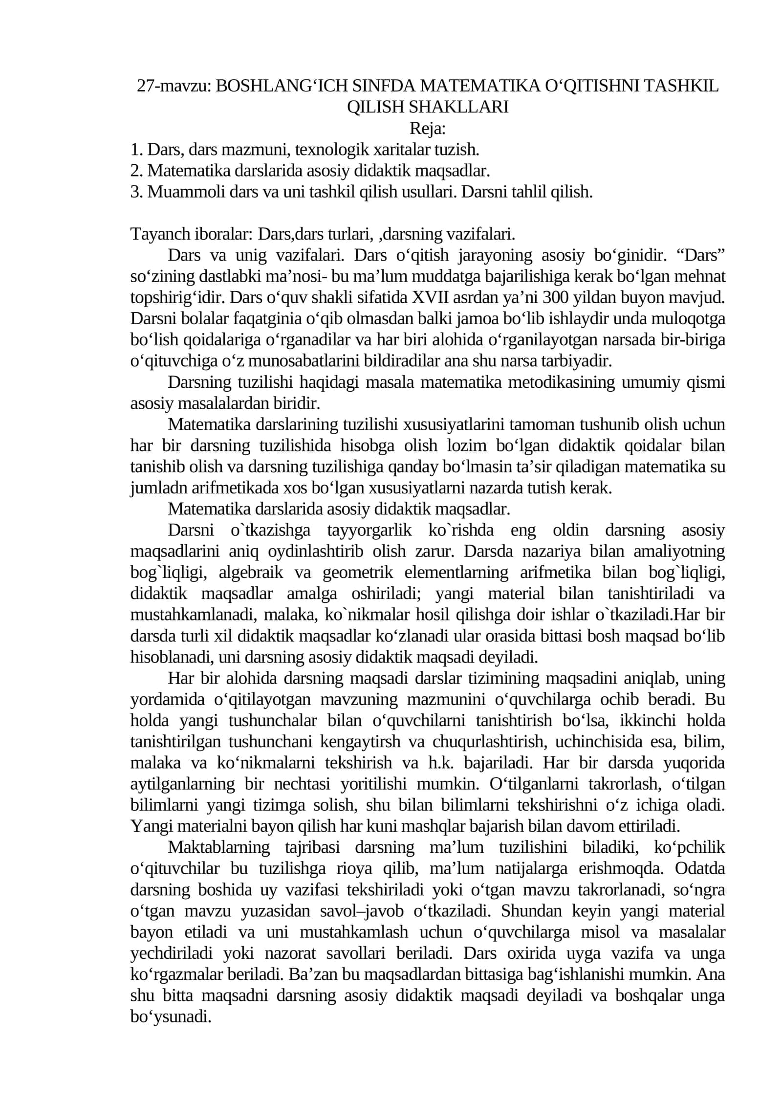 BOSHLANG‘ICH SINFDA MATEMATIKA O‘QITISHNI TASHKIL QILISH SHAKLLARI 1