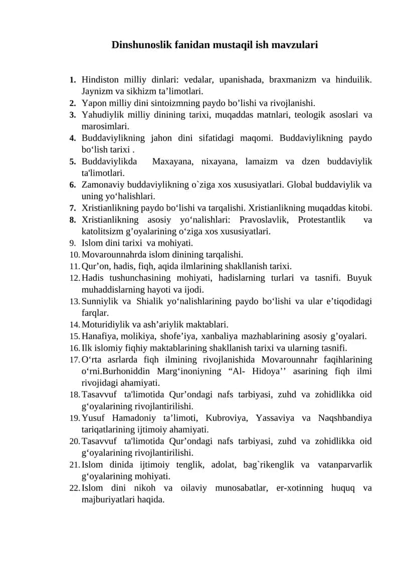 Dinshunoslik fanidan mustaqil ish mavzulari 1