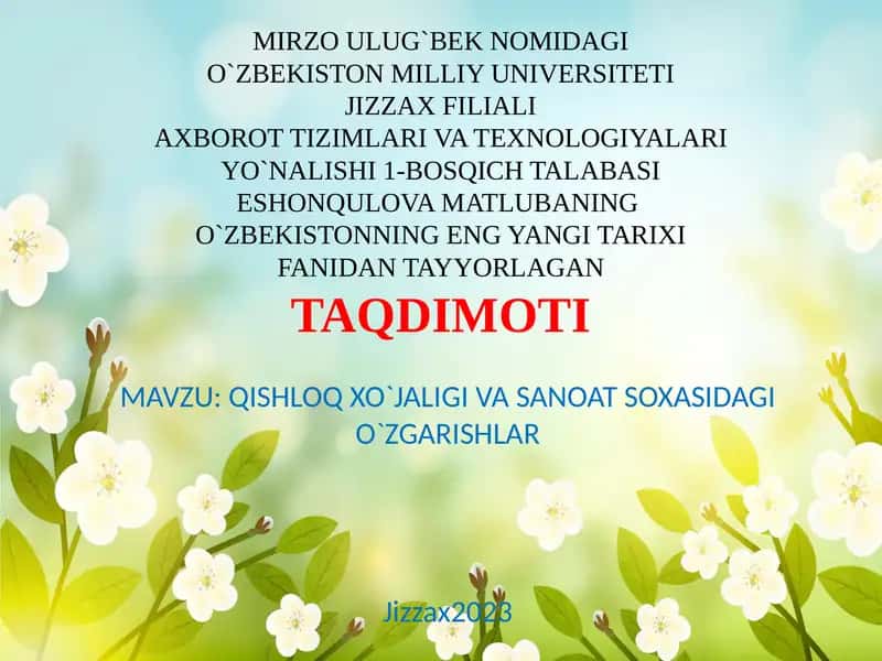 QISHLOQ XO`JALIGI VA SANOAT SOXASIDAGI O`ZGARISHLAR 1