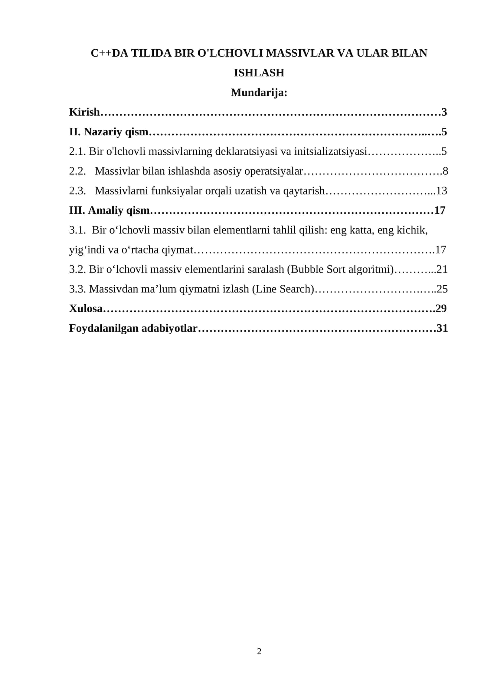 C++DA TILIDA BIR O'LCHOVLI MASSIVLAR VA ULAR BILAN ISHLASH 1