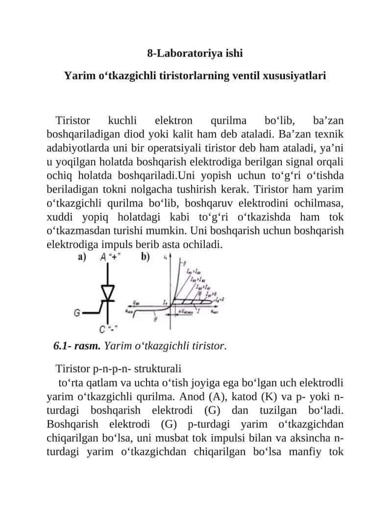 Yarim o‘tkazgichli tiristorlarning ventil xususiyatlari 1