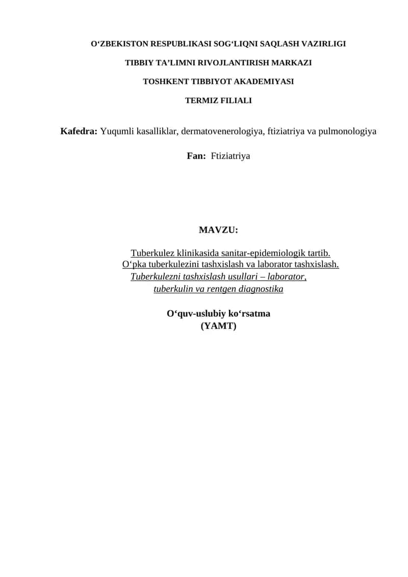 Tuberkulez klinikasida sanitar-epidemiologik tartib 1