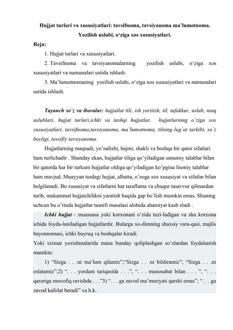 Tavsifnoma, tavsiyanoma, ma'lumotnoma yozish. 1