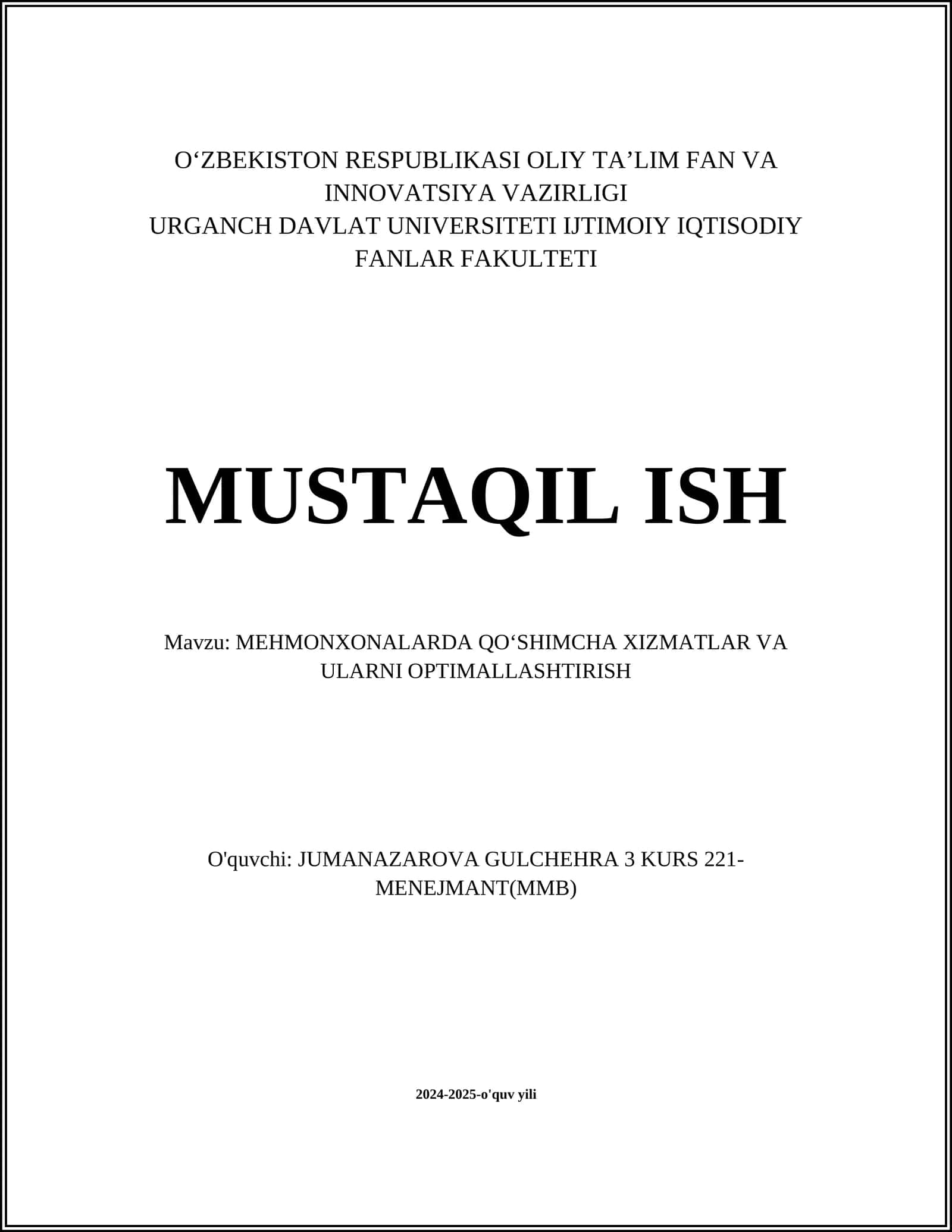 MEHMONXONALARDA QOʻSHIMCHA XIZMATLAR VA ULARNI OPTIMALLASHTIRISH 1