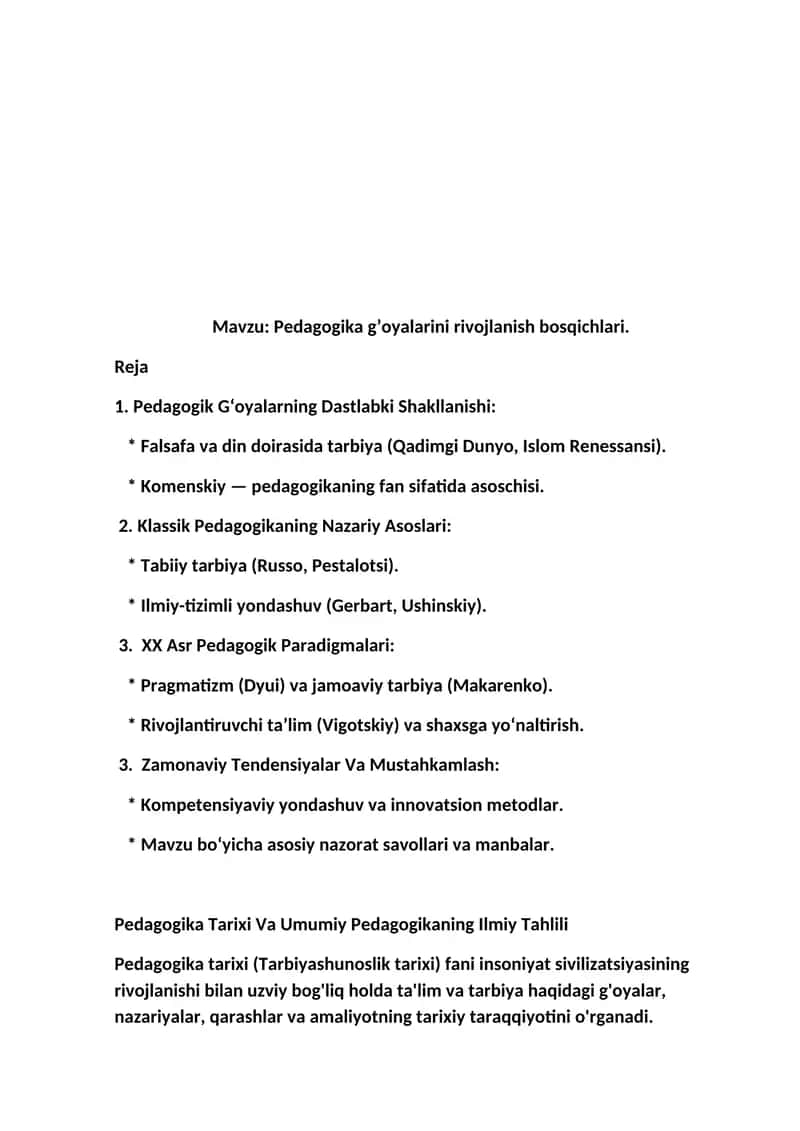 Pedagogika g’oyalarini rivojlanish bosqichlari 1
