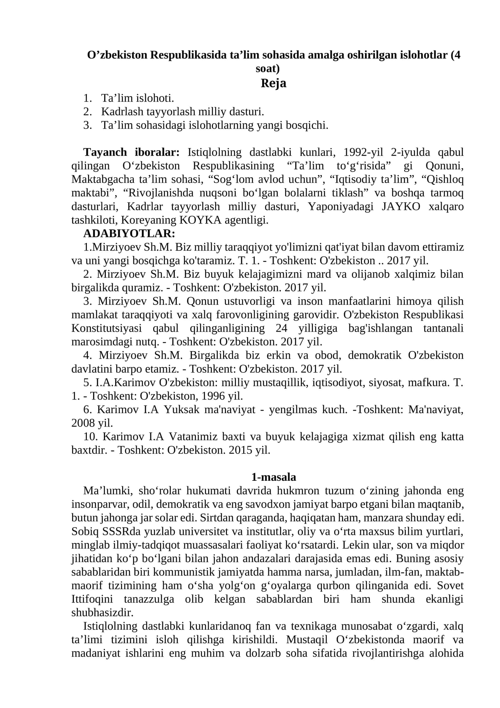 Oʻzbekiston Respublikasi taʼlim sohasidagi islohotlar 1