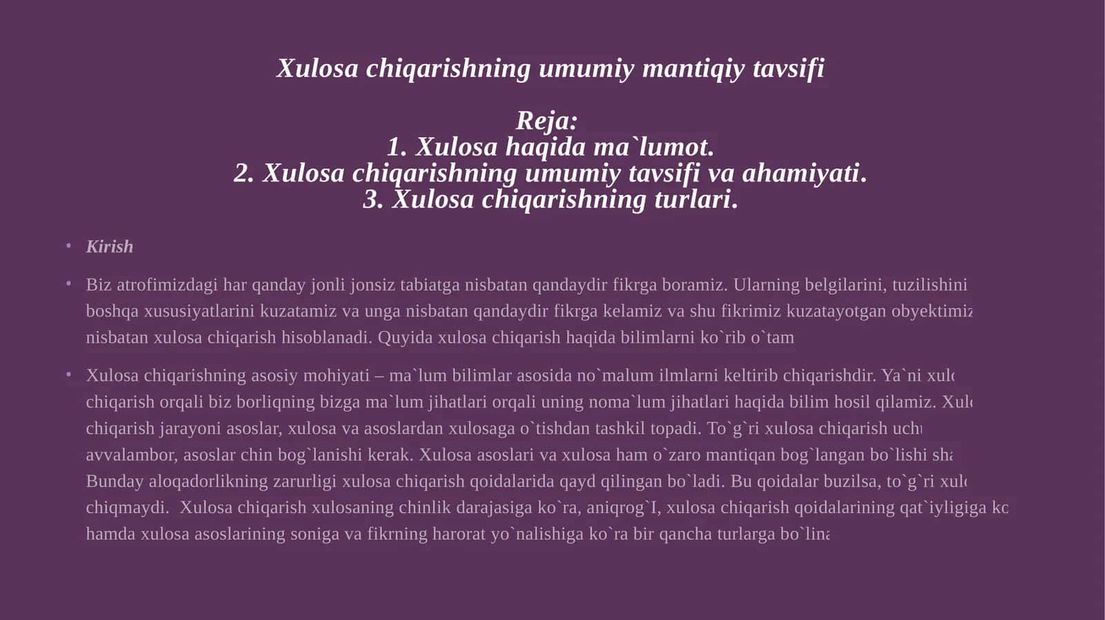 Xulosa chiqarishning umumiy mantiqiy tavsifi 1