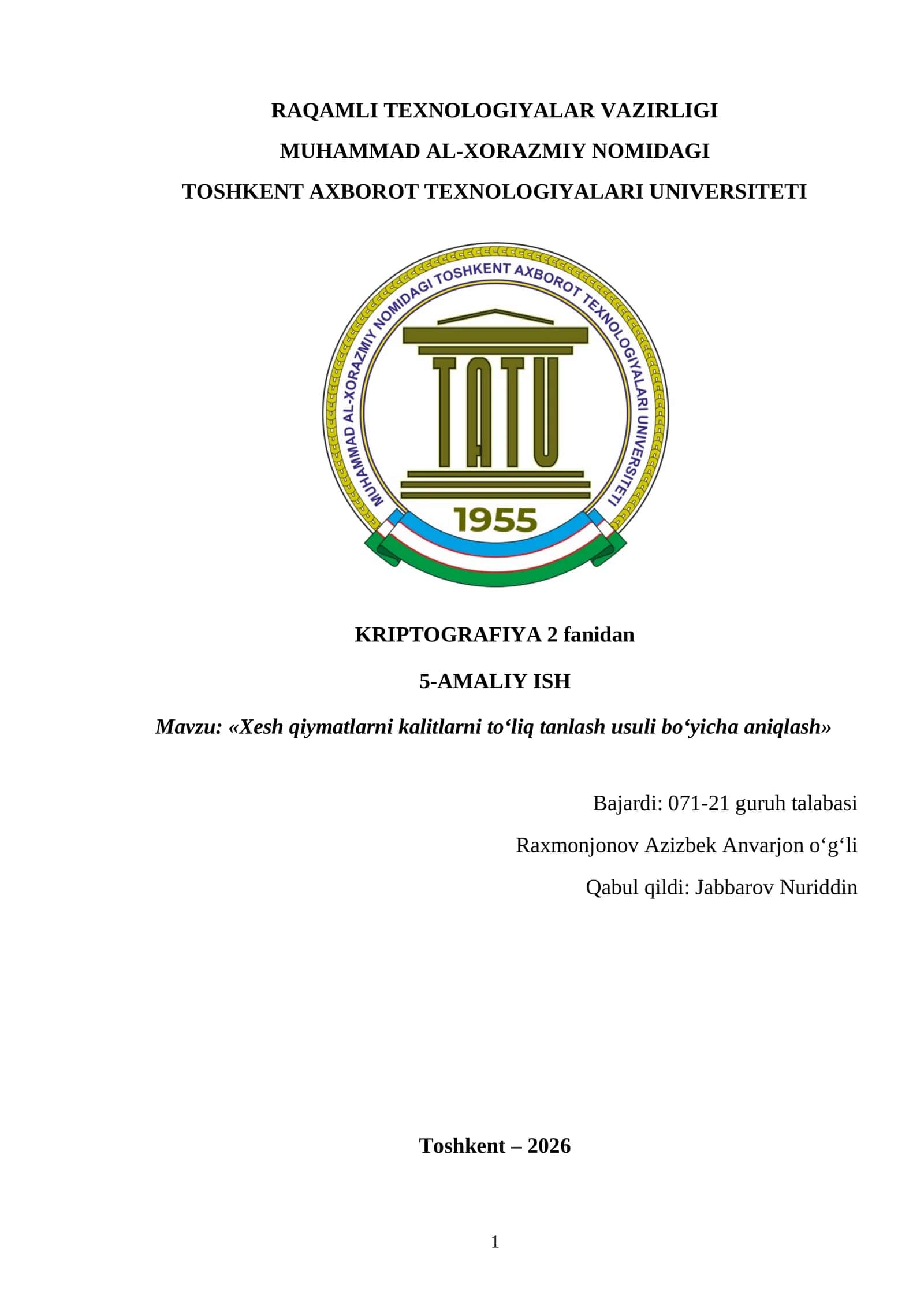 Xesh qiymatlarni kalitlarni to‘liq tanlash usuli bo‘yicha aniqlash 1