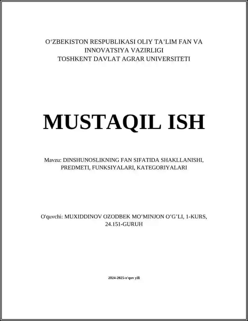 DINSHUNOSLIKNING FAN SIFATIDA SHAKLLANISHI, PREDMETI, FUNKSIYALARI, KATEGORIYALARI